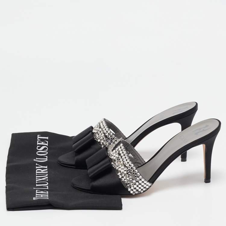 Pre Owned Gina Black Satin Crystal Embellished Slide Sandals Size 38