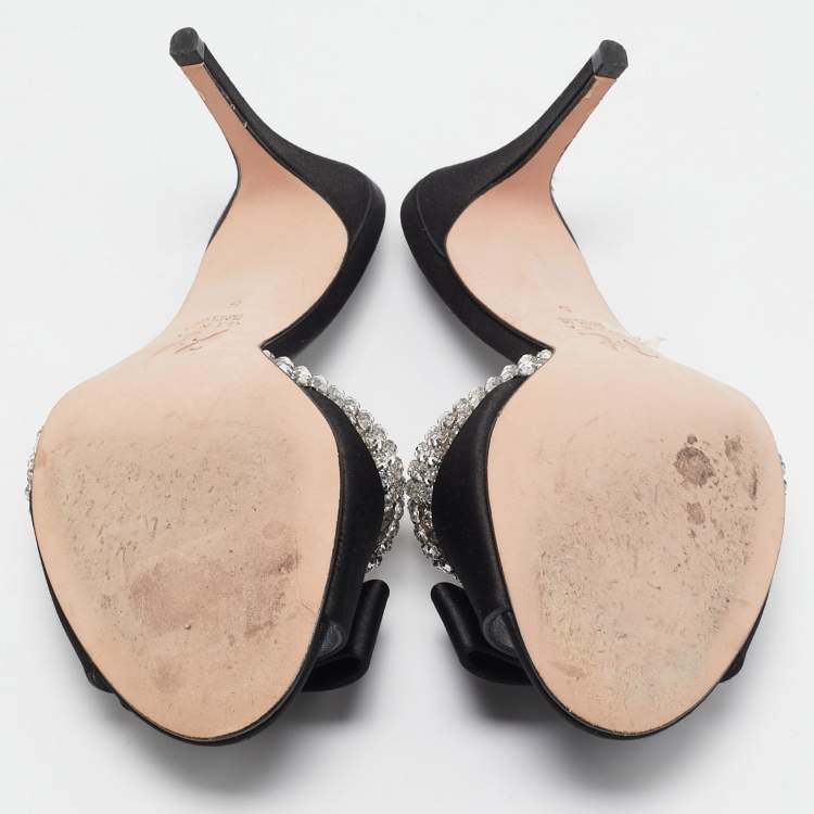 Pre Owned Gina Black Satin Crystal Embellished Slide Sandals Size 38