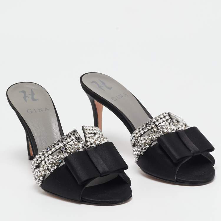 Pre Owned Gina Black Satin Crystal Embellished Slide Sandals Size 38