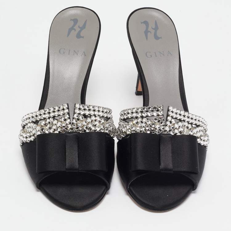 Pre Owned Gina Black Satin Crystal Embellished Slide Sandals Size 38