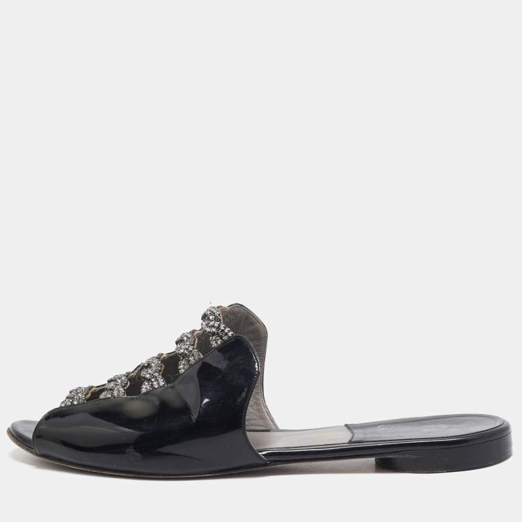 Pre Owned Gina Black Patent Leather Crystal Embellished Mules Size 38.5