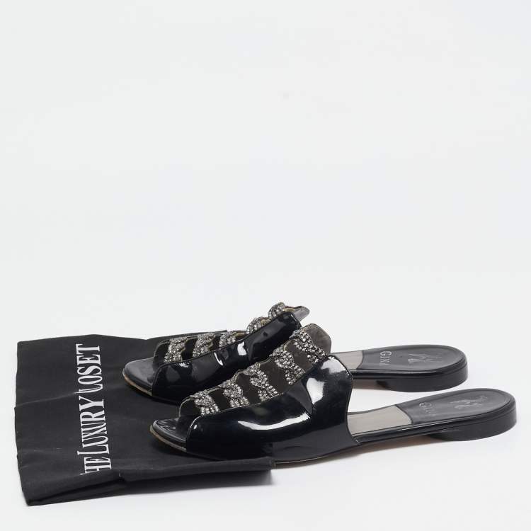 Pre Owned Gina Black Patent Leather Crystal Embellished Mules Size 38.5