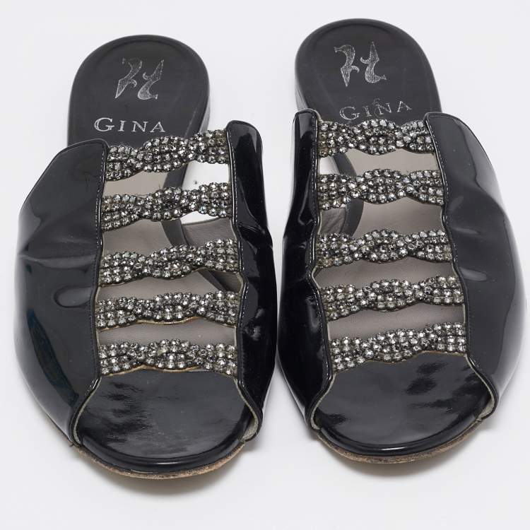 Pre Owned Gina Black Patent Leather Crystal Embellished Mules Size 38.5
