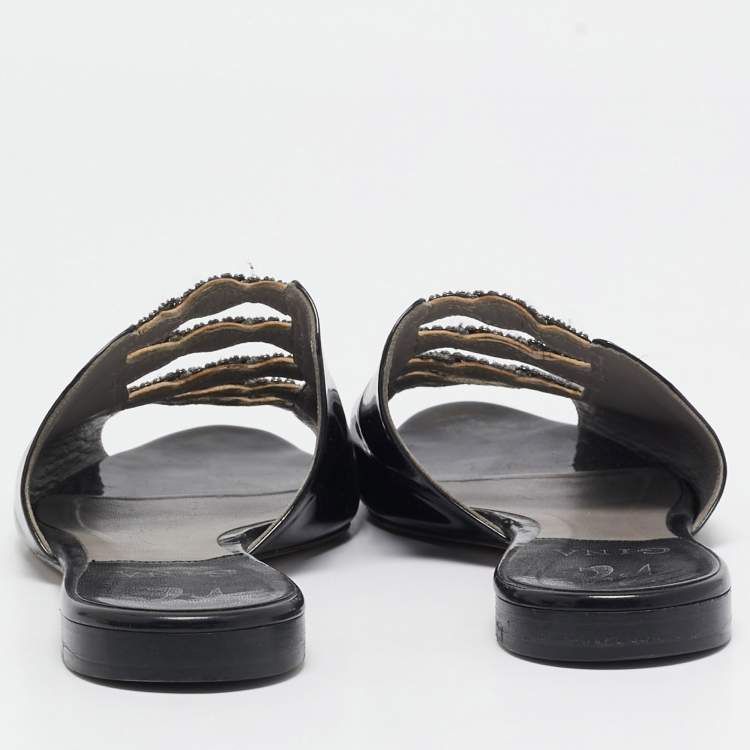 Pre Owned Gina Black Patent Leather Crystal Embellished Mules Size 38.5