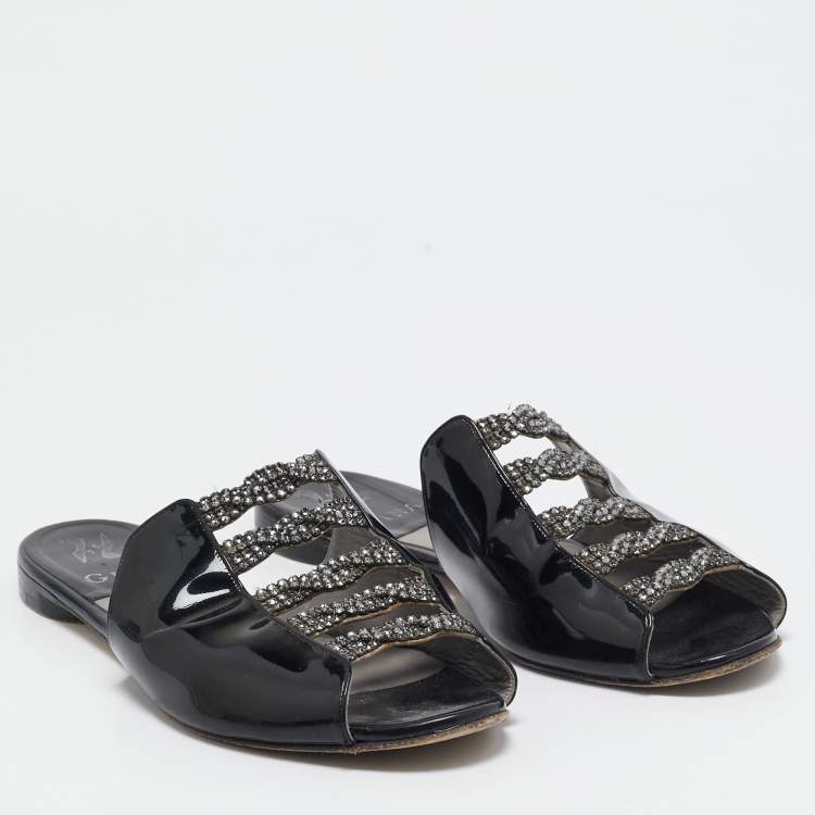 Pre Owned Gina Black Patent Leather Crystal Embellished Mules Size 38.5