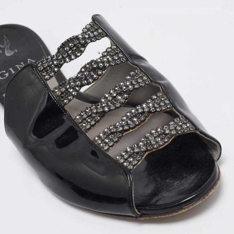 Pre Owned Gina Black Patent Leather Crystal Embellished Mules Size 38.5