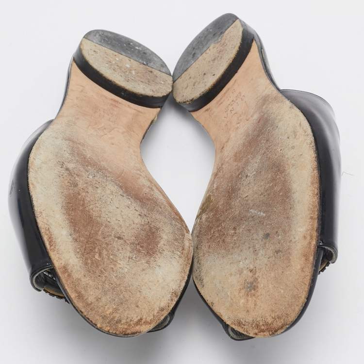 Pre Owned Gina Black Patent Leather Crystal Embellished Mules Size 38.5