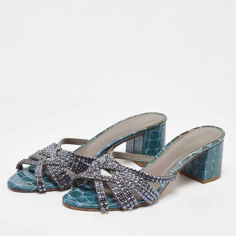 Pre Owned Gina Blue Leather Crystal Embellished Slide Sandals Size 40