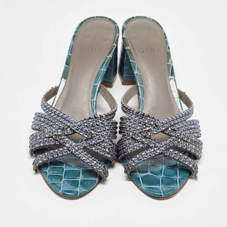 Pre Owned Gina Blue Leather Crystal Embellished Slide Sandals Size 40