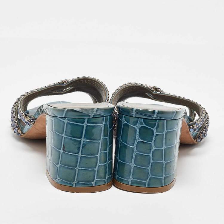 Pre Owned Gina Blue Leather Crystal Embellished Slide Sandals Size 40