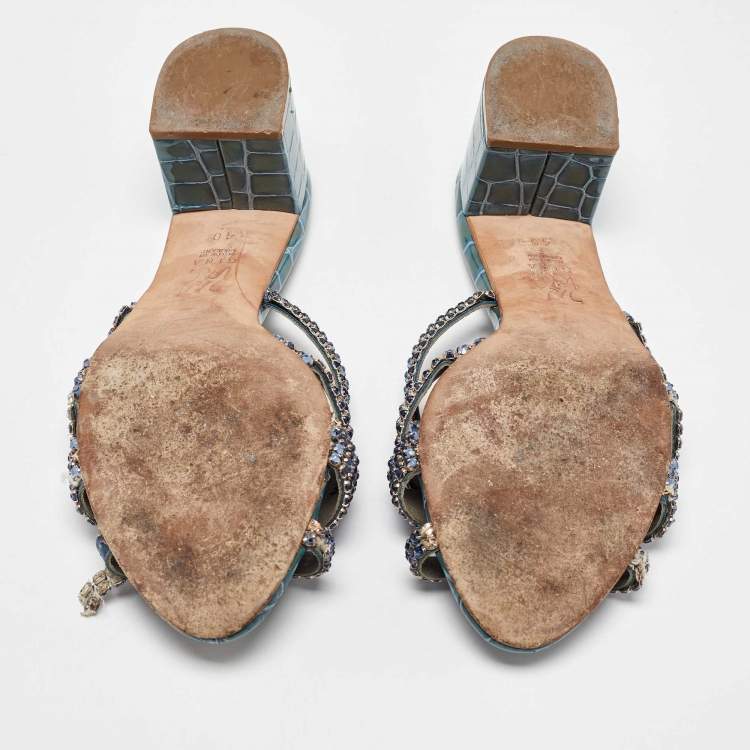 Pre Owned Gina Blue Leather Crystal Embellished Slide Sandals Size 40