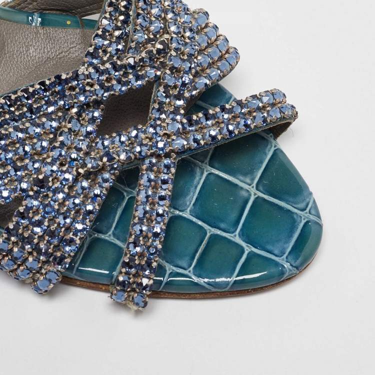 Pre Owned Gina Blue Leather Crystal Embellished Slide Sandals Size 40