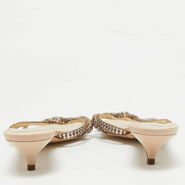Pre Owned Gina Beige Leather Crystal Embellished Slide Sandals Size 41