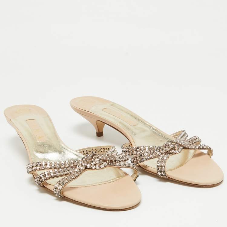 Pre Owned Gina Beige Leather Crystal Embellished Slide Sandals Size 41