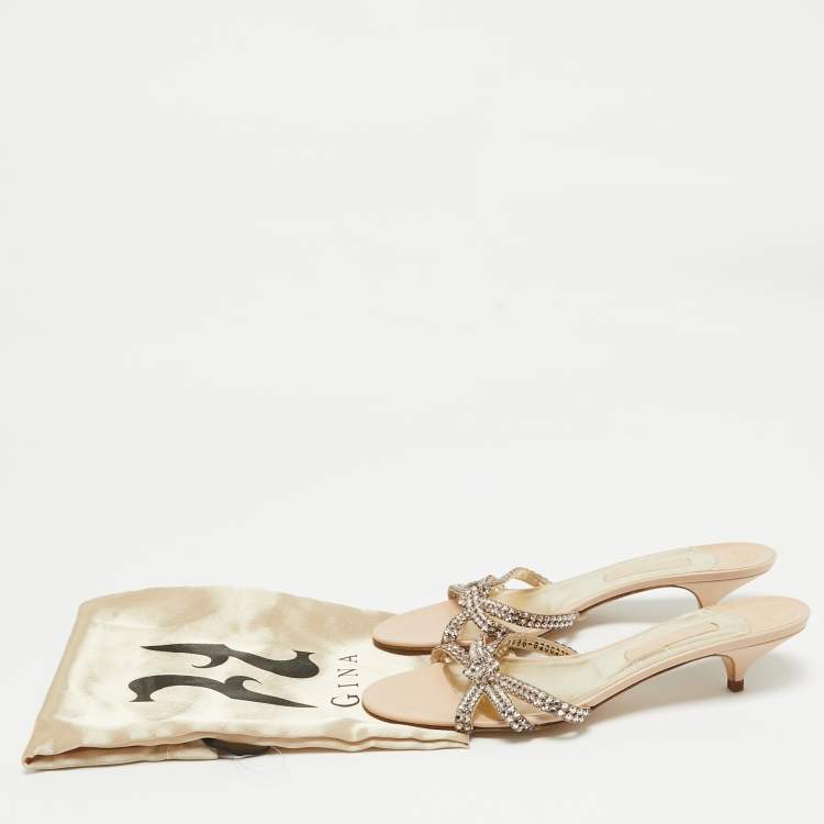 Pre Owned Gina Beige Leather Crystal Embellished Slide Sandals Size 41