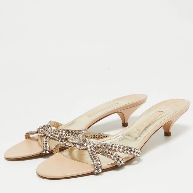 Pre Owned Gina Beige Leather Crystal Embellished Slide Sandals Size 41