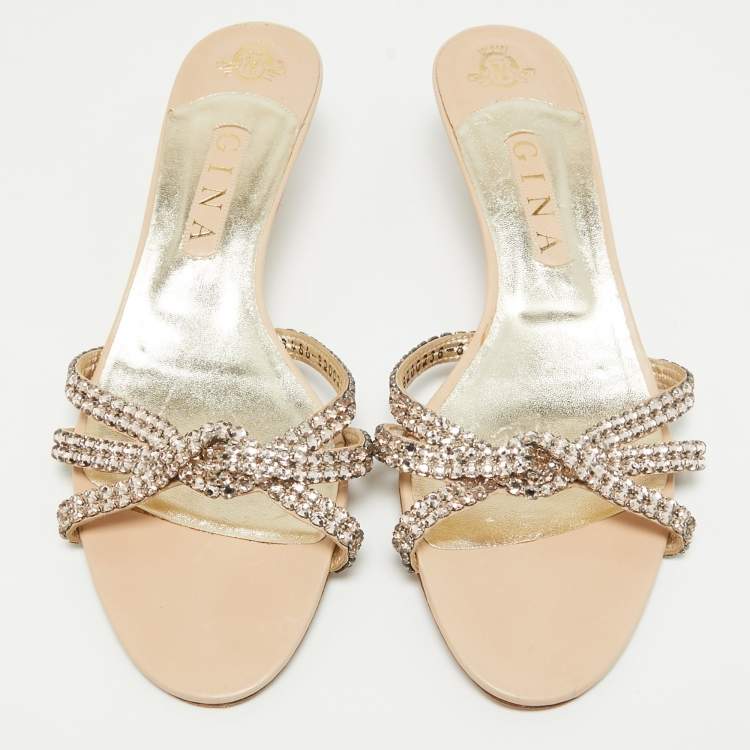 Pre Owned Gina Beige Leather Crystal Embellished Slide Sandals Size 41