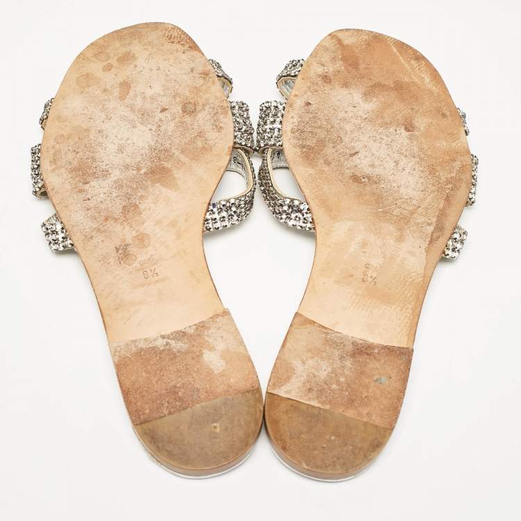 مملوكة مسبقًا Gina Silver Leather Crystal Embellished  Flat Sandals Size 41.5