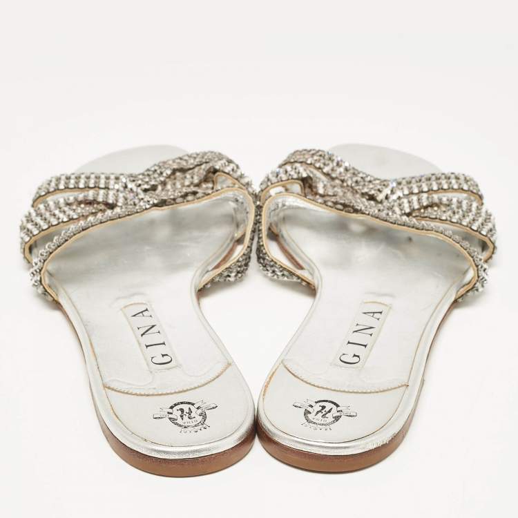 مملوكة مسبقًا Gina Silver Leather Crystal Embellished  Flat Sandals Size 41.5