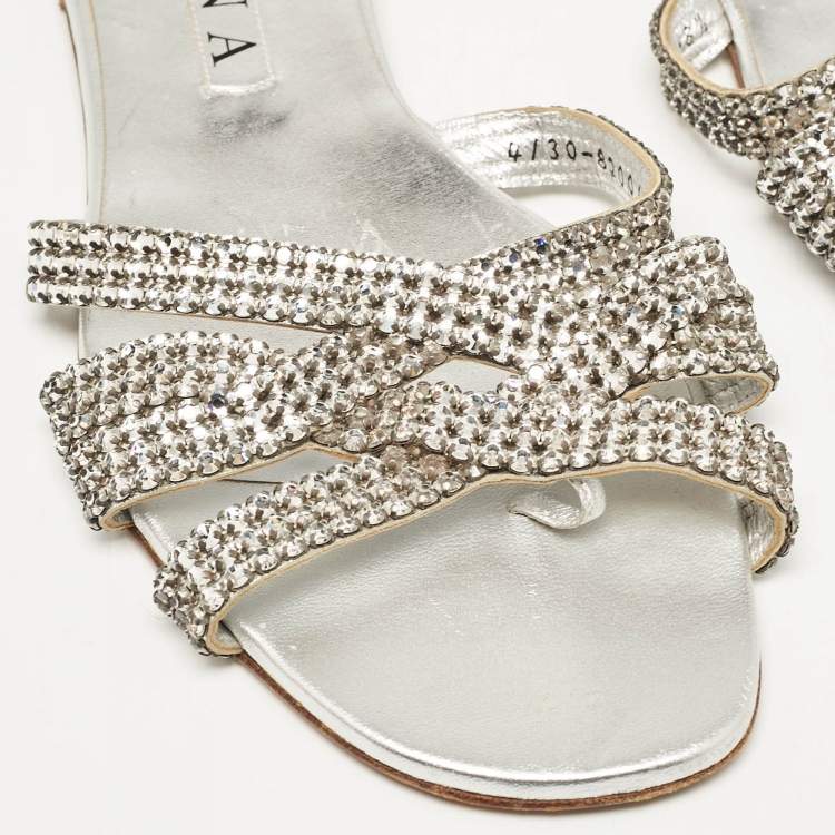 مملوكة مسبقًا Gina Silver Leather Crystal Embellished  Flat Sandals Size 41.5