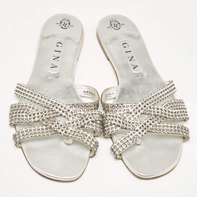 مملوكة مسبقًا Gina Silver Leather Crystal Embellished  Flat Sandals Size 41.5