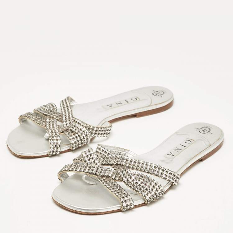 مملوكة مسبقًا Gina Silver Leather Crystal Embellished  Flat Sandals Size 41.5