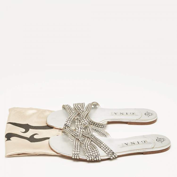 مملوكة مسبقًا Gina Silver Leather Crystal Embellished  Flat Sandals Size 41.5