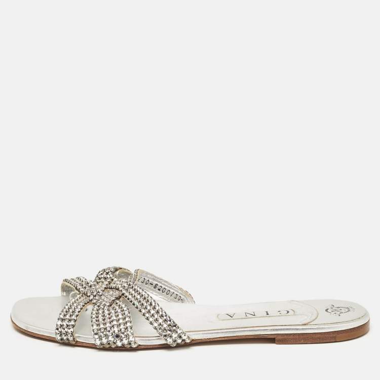 مملوكة مسبقًا Gina Silver Leather Crystal Embellished  Flat Sandals Size 41.5
