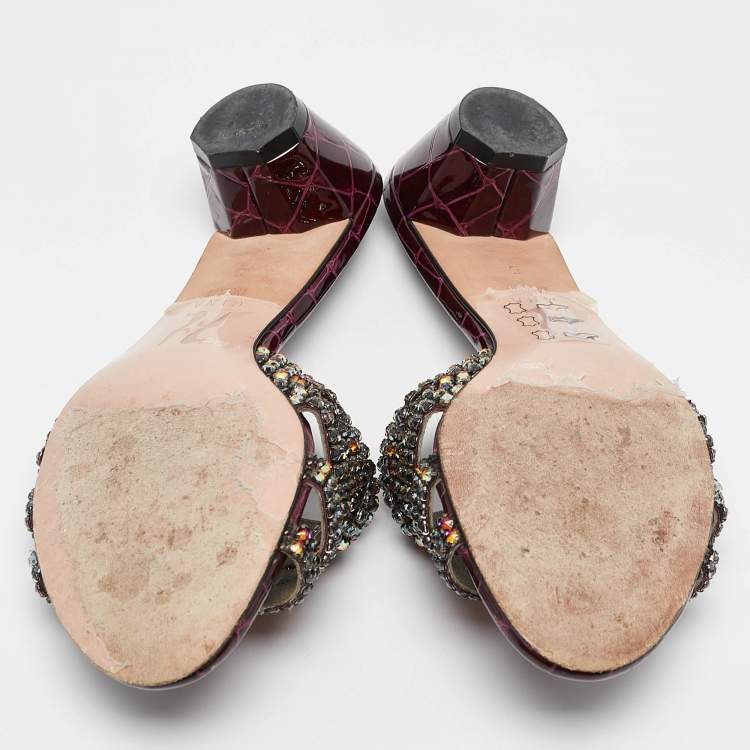Pre Owned Gina Purple Leather Crystal Embellished Slide Sandals Size 38