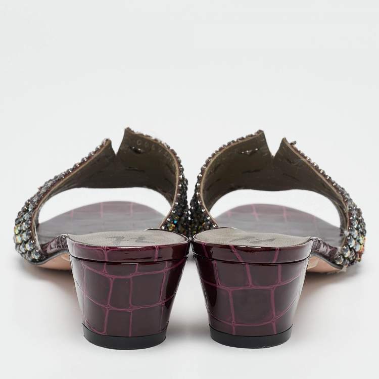 Pre Owned Gina Purple Leather Crystal Embellished Slide Sandals Size 38