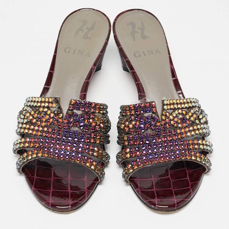 Pre Owned Gina Purple Leather Crystal Embellished Slide Sandals Size 38