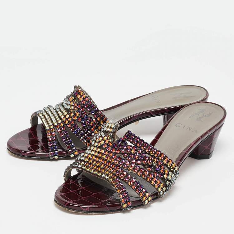 Pre Owned Gina Purple Leather Crystal Embellished Slide Sandals Size 38