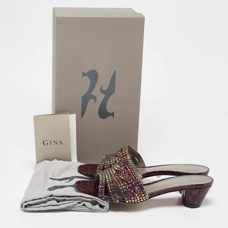 Pre Owned Gina Purple Leather Crystal Embellished Slide Sandals Size 38