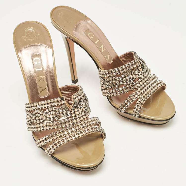 Pre Owned  Gina Rose Gold Leather Crystal Embellished Slide Sandals Size 38
