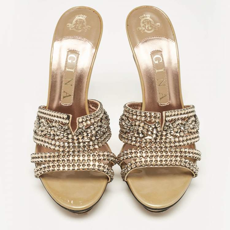 Pre Owned  Gina Rose Gold Leather Crystal Embellished Slide Sandals Size 38