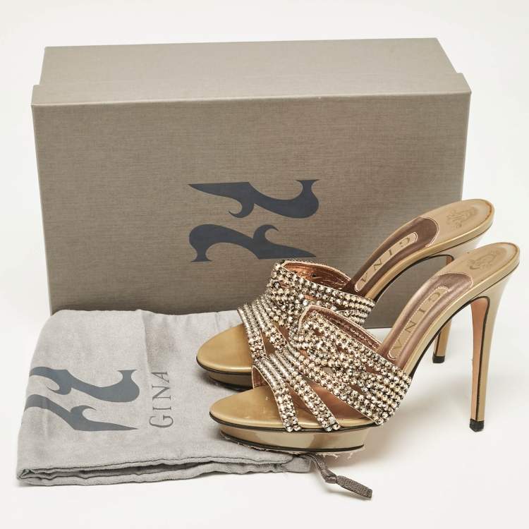 Pre Owned  Gina Rose Gold Leather Crystal Embellished Slide Sandals Size 38