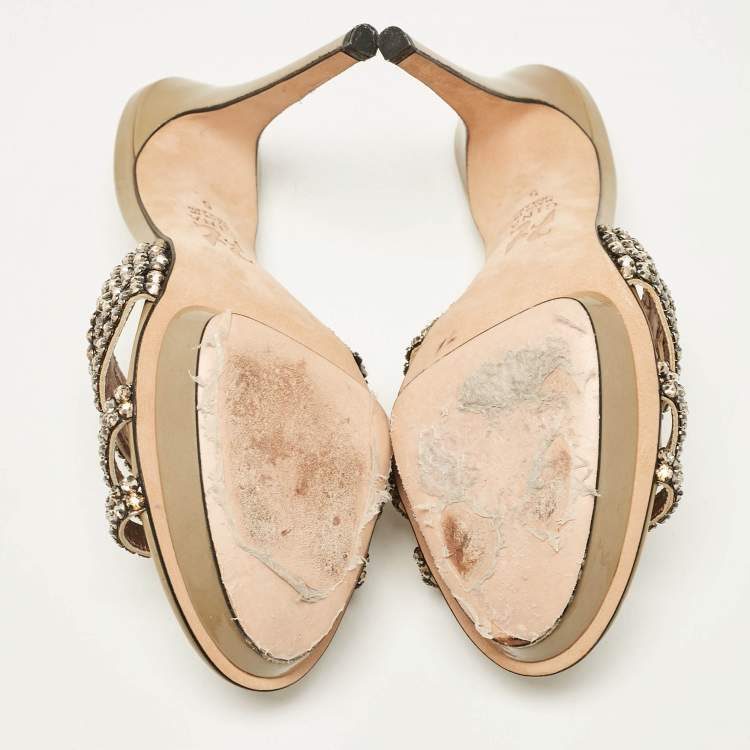 Pre Owned  Gina Rose Gold Leather Crystal Embellished Slide Sandals Size 38