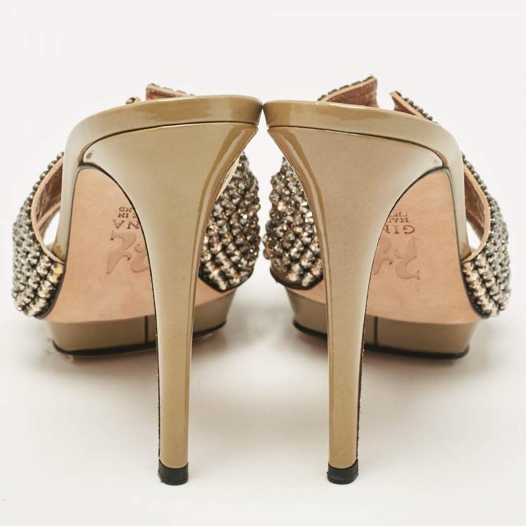 Pre Owned  Gina Rose Gold Leather Crystal Embellished Slide Sandals Size 38