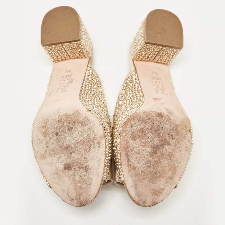 Pre Owned Gina Gold Satin Crystal Embellished Bourdin Mules Size 40