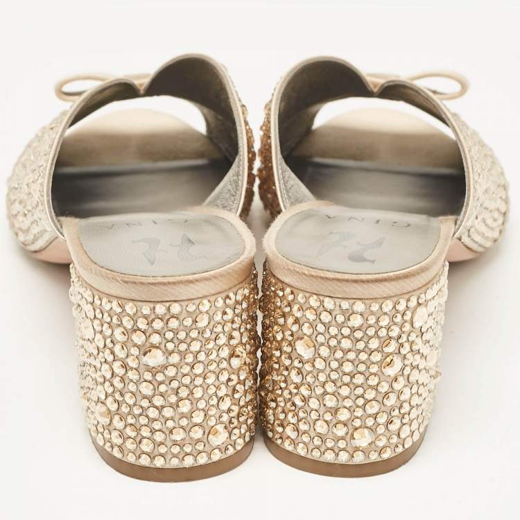 Pre Owned Gina Gold Satin Crystal Embellished Bourdin Mules Size 40