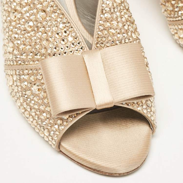 Pre Owned Gina Gold Satin Crystal Embellished Bourdin Mules Size 40