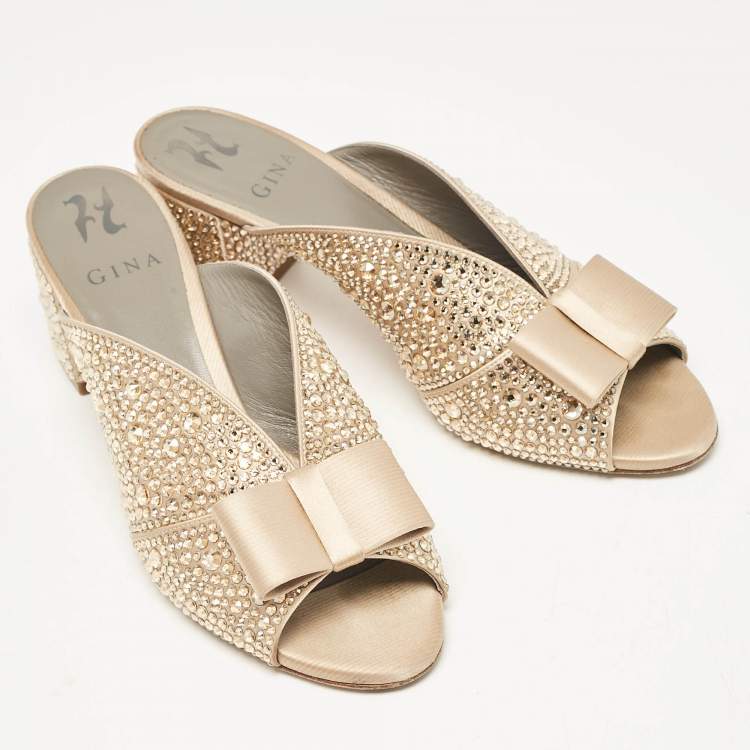 Pre Owned Gina Gold Satin Crystal Embellished Bourdin Mules Size 40