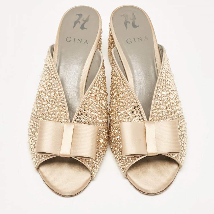 Pre Owned Gina Gold Satin Crystal Embellished Bourdin Mules Size 40
