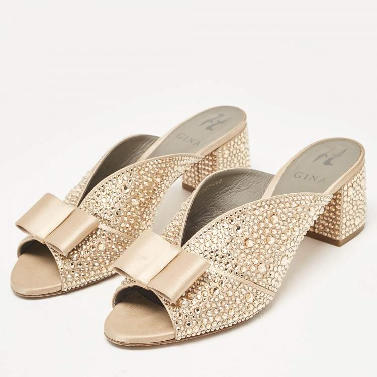 Pre Owned Gina Gold Satin Crystal Embellished Bourdin Mules Size 40
