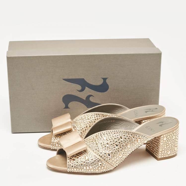 Pre Owned Gina Gold Satin Crystal Embellished Bourdin Mules Size 40