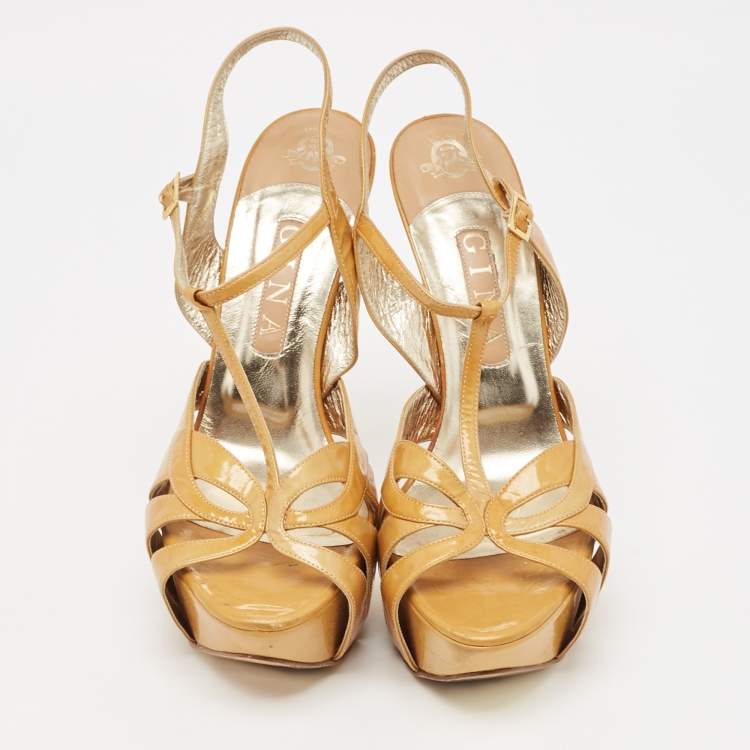 Pre Owned Gina Brown Patent Leather Platform Ankle Strap Sandals Size 40