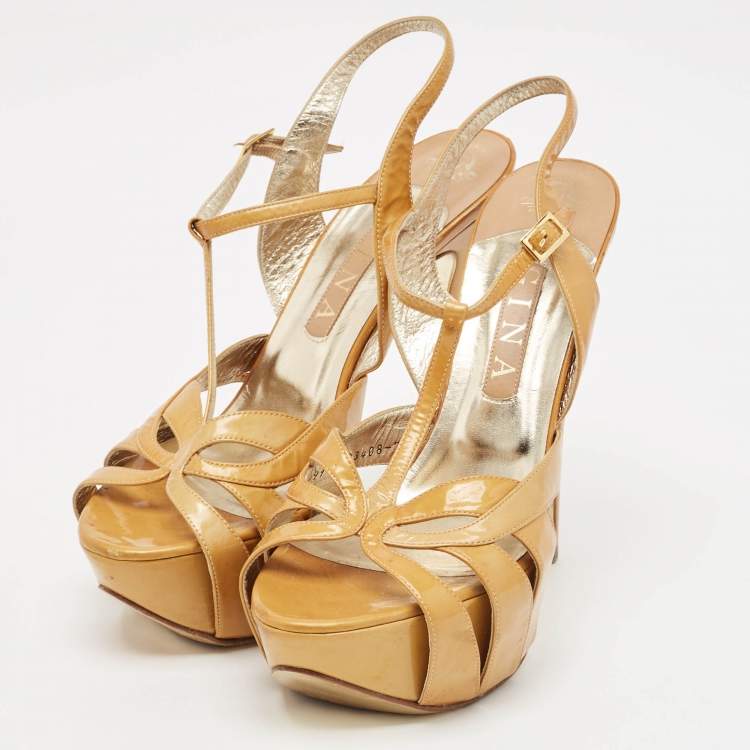 Pre Owned Gina Brown Patent Leather Platform Ankle Strap Sandals Size 40