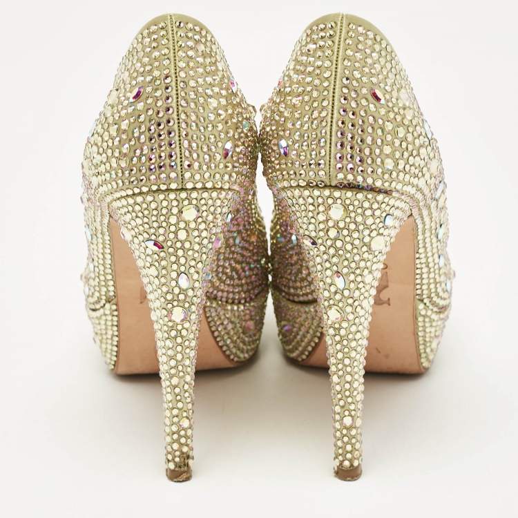 Pre Owned Gina Green Satin Crystal Embellished Platform Pumps Size 37