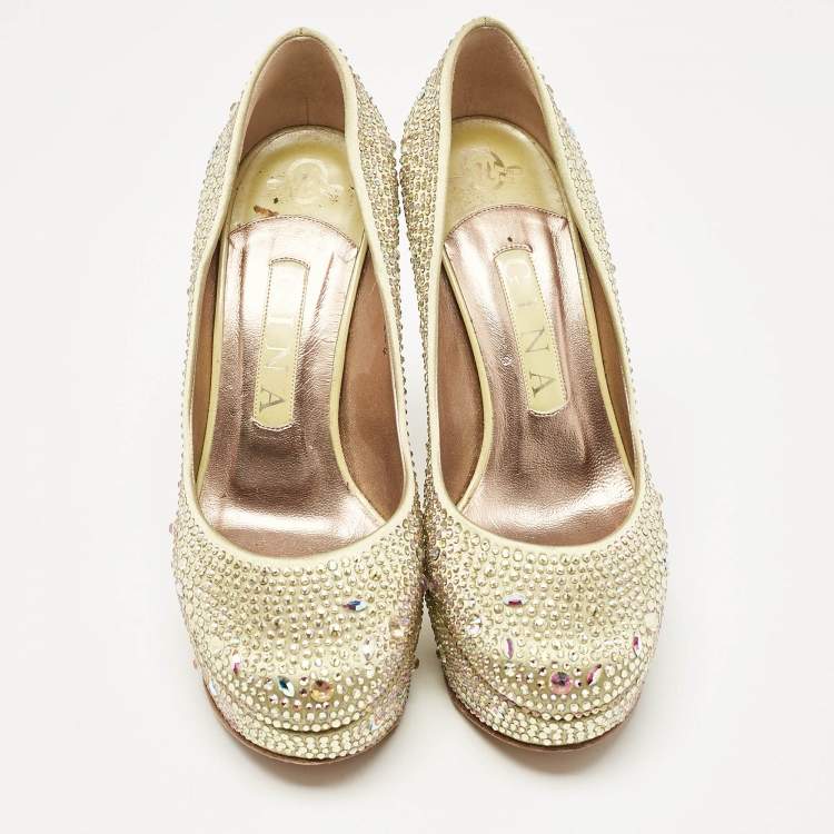 Pre Owned Gina Green Satin Crystal Embellished Platform Pumps Size 37
