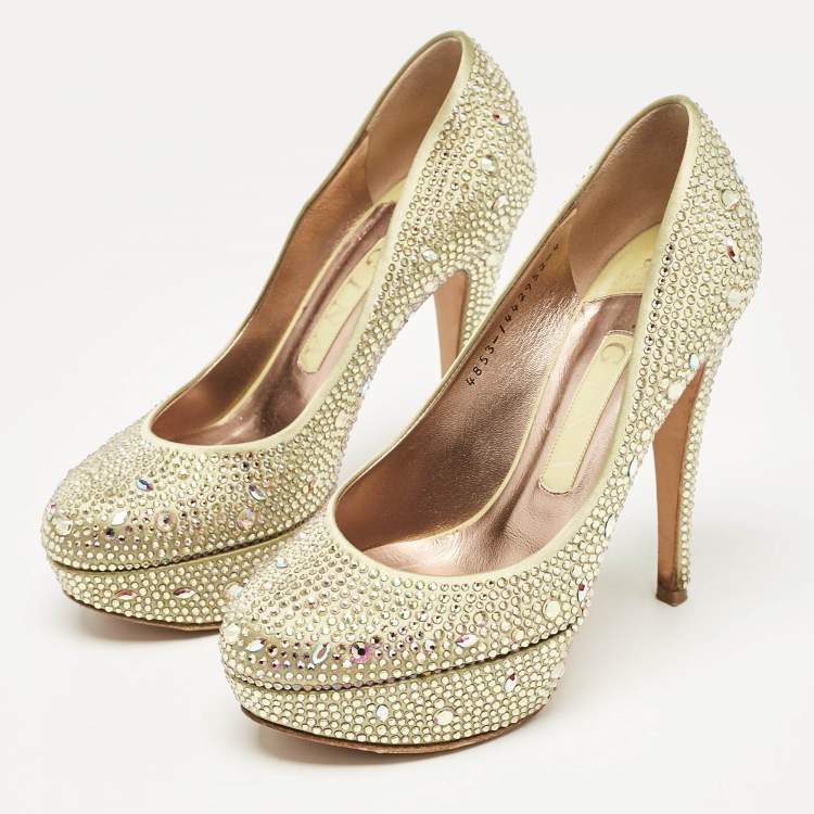 Pre Owned Gina Green Satin Crystal Embellished Platform Pumps Size 37